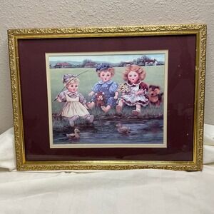 Janice Al Vintage Framed Art Print Children Fishing Pond Gold Ornate Frame Mat